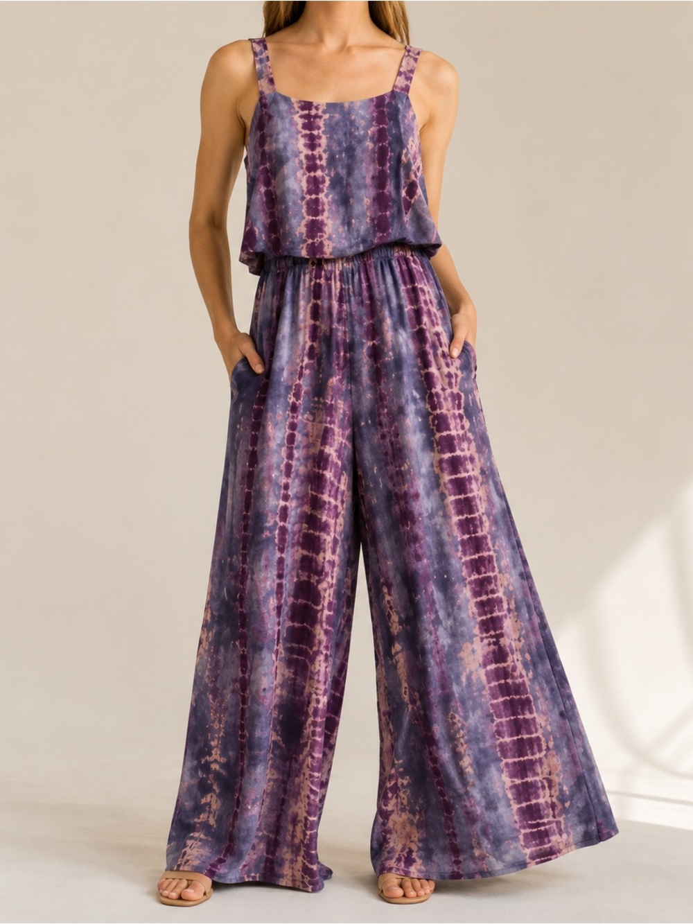 Audrey 3+1 Purple Tie-Dye Overlay Wide-Leg Jumpsuit